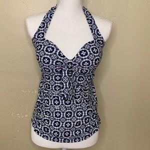 MERONA Blue & White Halter Tie Molded Cup Tankini Swim Top Small